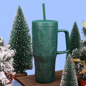 Holiday 30 Ounce Green Acrylic Embossed Trees Tumbler with Straw and handle